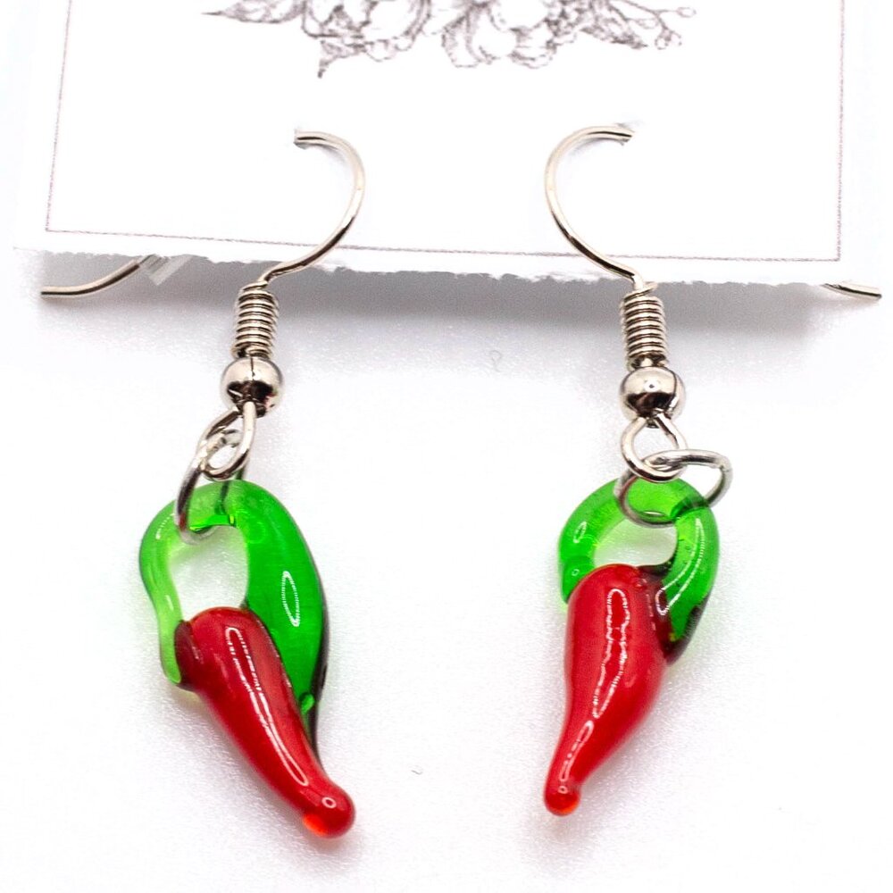 Handmade Hanging Glass Red Chili Pepper Cook Off Earrings, New